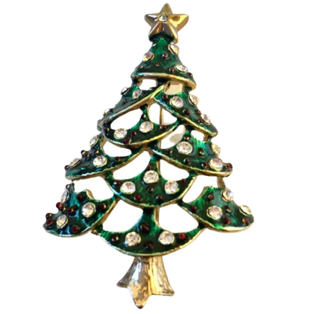 Vintage Christmas Tree Brooch Green Enamel Clear Rhinestones See Thru Cut-Outs